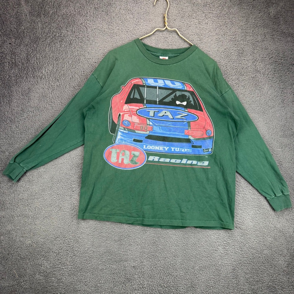 Vintage 1997 Looney Tunes Taz Racing Long Sleeve Shirt Mens Large Green 90s